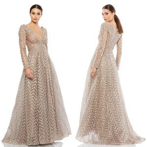 MAC DUGGAL EMBELLISHED ILLUSION LONG SLEEVE WRAP OVER A LINE GOWN